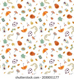 Vector seamless pattern with different autumn elements: falling leaves, cat, candle, socks, umbrella, pumpkin and other. Hello Autumn. Hand drawn flat illustration. Cute and cozy fall background.
