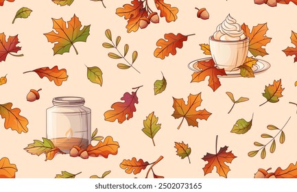 Vector seamless pattern with different autumn elements. Hand painted illustration of fall leaves, cup of hot drink, burning candlelight. For design of fabric, textile, wrapping paper, poster, banner.