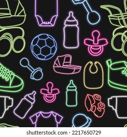 Vector seamless pattern with different baby attributes. Neon newborn tools, toys isolated on black background.