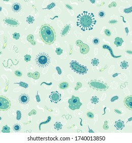Vector seamless pattern with different bacteria, virus, cells, germs or epidemic bacillus. Stylized drawing for your web site design, logo, app, UI flat. Isolated stock illustration