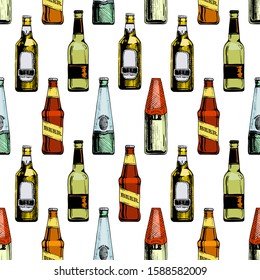 Vector seamless pattern with different beer bottles. illustration background in ink hand drawn style.