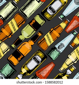 Vector seamless pattern with different beer bottles. illustration background in ink hand drawn style.