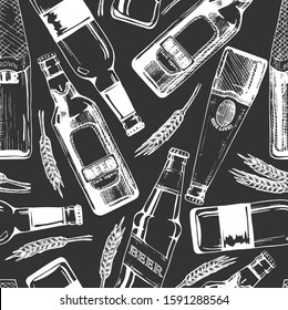 Vector seamless pattern with different beer bottles. illustration background in ink hand drawn style.