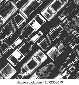 Vector seamless pattern with different beer bottles. illustration background in ink hand drawn style.