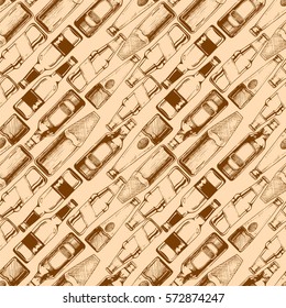 Vector seamless pattern with different beer bottles. illustration background in ink hand drawn style.
