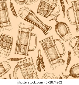 Vector seamless pattern with different beer glasses and mugs. illustration background in ink hand drawn style.
