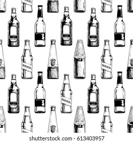 Vector seamless pattern with different beer bottles. illustration background in ink hand drawn style.