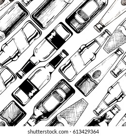 Vector seamless pattern with different beer bottles. illustration background in ink hand drawn style