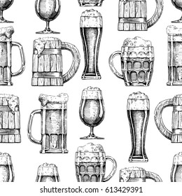 Vector seamless pattern with different beer glasses and mugs. illustration background in ink hand drawn style.