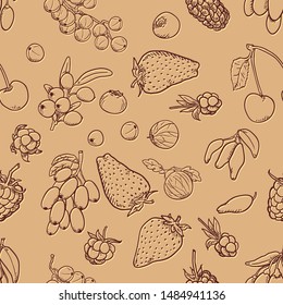 Vector Seamless Pattern of Different Berries on Brown Background