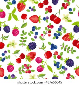 vector seamless pattern with different berries. strawberry, raspberry, cherry, cranberry, blueberry, blackberry. ideal for invitations, logo, scrapbooking, cards, prints for cases, t-shirts