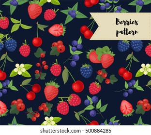 vector seamless pattern with different berries. strawberry, raspberry, cherry, redcurrant, blueberry, blackberry.