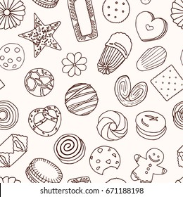  Vector seamless pattern different biscuit and cookies . Hand made hand drawn  biscuit  on white background.