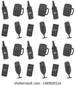 Vector seamless pattern of different black hand drawn doodle sketch beer glasses and bottles isolated on white background