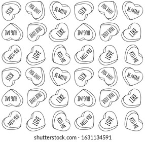 Vector seamless pattern of different black outline hand drawn doodle sketch valentine candy hearts with love text isolated on white background