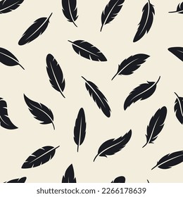 Vector Seamless Pattern with Different Black Fluffy Feather Silhouettes on White Background. Design Template of Flamingo, Angel, Bird Feathers for Wall Paper, Textile. Lightness, Freedom Concept