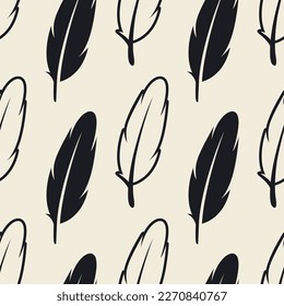Vector Seamless Pattern with Different Black Fluffy Feather Silhouettes on White Background. Design Template of Flamingo, Angel, Bird Feathers for Wall Paper, Textile. Lightness, Freedom Concept