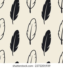 Vector Seamless Pattern with Different Black Fluffy Feather Silhouettes on White Background. Design Template of Flamingo, Angel, Bird Feathers for Wall Paper, Textile. Lightness, Freedom Concept