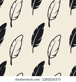 Vector Seamless Pattern with Different Black Fluffy Feather Silhouettes on White Background. Design Template of Flamingo, Angel, Bird Feathers for Wall Paper, Textile. Lightness, Freedom Concept