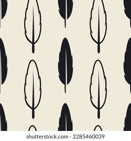 Vector Seamless Pattern with Different Black Fluffy Feather Silhouettes on White Background. Design Template of Flamingo, Angel, Bird Feathers for Wall Paper, Textile. Lightness, Freedom Concept