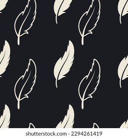Vector Seamless Pattern with Different Black Fluffy Feather Silhouettes on White Background. Design Template of Flamingo, Angel, Bird Feathers for Wall Paper, Textile. Lightness, Freedom Concept