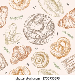 Vector seamless pattern with different bread. Bread and bakery hand drawn illustration. Bakery hand drawn pattern.