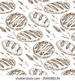 Vector seamless pattern with different bread. Hand drawn sketch.