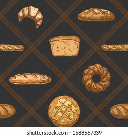 Vector seamless pattern with different breads, bakery products and sweet pastries. illustration background in ink hand drawn style.