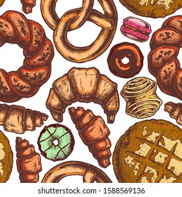 Vector seamless pattern with different breads, bakery products and sweet pastries. illustration background in old fashioned etched style.