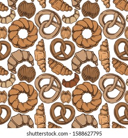 Vector seamless pattern with different breads, bakery products and sweet pastries. illustration background in old fashioned etched style.