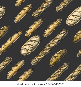 Vector seamless pattern with different breads: long loaf and baguette. illustration background in ink hand drawn style.