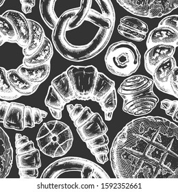 Vector seamless pattern with different breads, bakery products and sweet pastries. illustration background in old fashioned etched style.