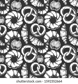 Vector seamless pattern with different breads, bakery products and sweet pastries. illustration background in old fashioned etched style.