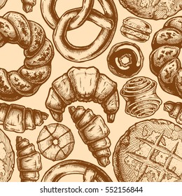 Vector seamless pattern with different breads, bakery products and sweet pastries. illustration background in old fashioned etched style.
