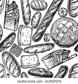 Vector seamless pattern with different breads, bakery products and sweet pastries. illustration background in ink hand drawn style.