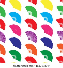 Vector seamless pattern with different bright colors hand fans. Oriental folding or handheld fan background, wallpaper.
