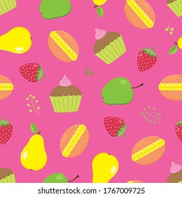 Vector seamless pattern with different and bright summer fruits and cakes on a pink background