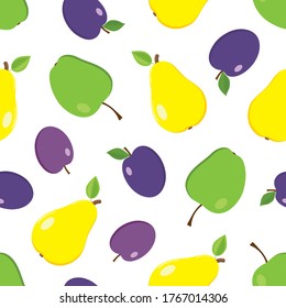 Vector seamless pattern with different and bright summer fruits on a white background