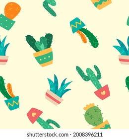 Vector seamless pattern with different bright and colorful cacti and succulents on a light yellow background.