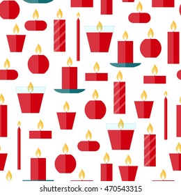 Vector seamless pattern of different burning red candles on a white background in flat style. Endless texture for wrapping paper, holiday decoration and design, gift bags, birthday, anniversary cards.