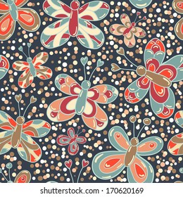 Vector seamless pattern with different butterflies on th dark doted background