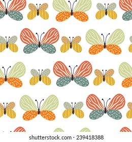 Vector seamless pattern with different butterflies on the white background. Endless texture with hand drawing insect.