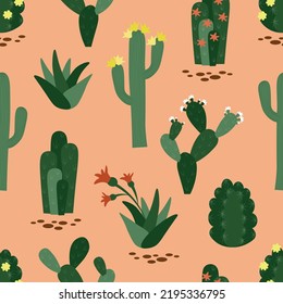 Vector seamless pattern with different cacti. Desert plants on sand background.  Texture with green cactus. Blooming succulent.
