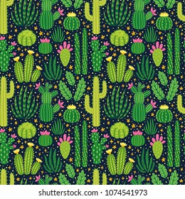 Vector seamless pattern with different cactus. Bright repeated texture with green cacti. Natural hand drawing background with desert plants.