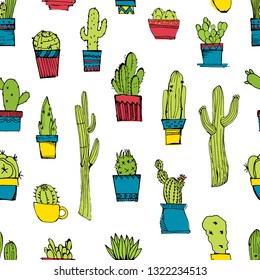 Vector seamless pattern with different cactus. Bright repeated texture with green cacti in pots. Natural hand drawing background with desert plants.Great for fabrics, wallpaper,packaging.