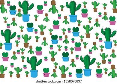 Vector seamless pattern with different cactus. Bright repeated texture with green cacti. Natural hand drawing background with desert plants.