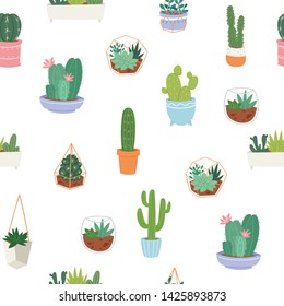 Vector seamless pattern with different cactus, green plants in pottery and succulents. Bright repeated texture with green cacti. Natural drawing background with desert plants.