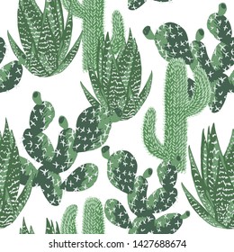 Vector seamless pattern with different cactus. Bright repeated texture with green cacti. Natural hand drawing background with desert plants.