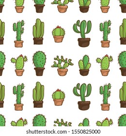 Vector seamless pattern with different cactus. Bright repeated texture with green cacti. Natural hand drawing background with desert plants.