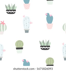 Vector seamless pattern with different cactus. Bright repeated texture with green cacti.
